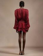 Long Sleeve Hollow Out Lacing Ruffle Tiered Dress - Wine