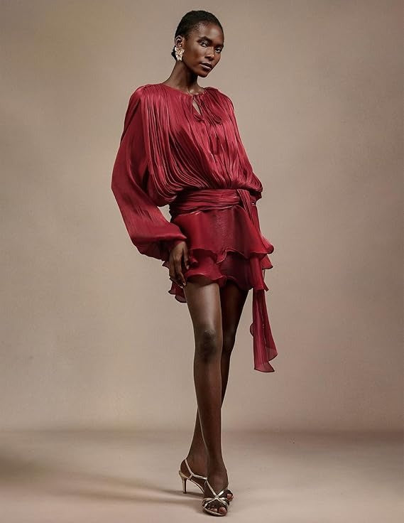 Long Sleeve Hollow Out Lacing Ruffle Tiered Dress - Wine