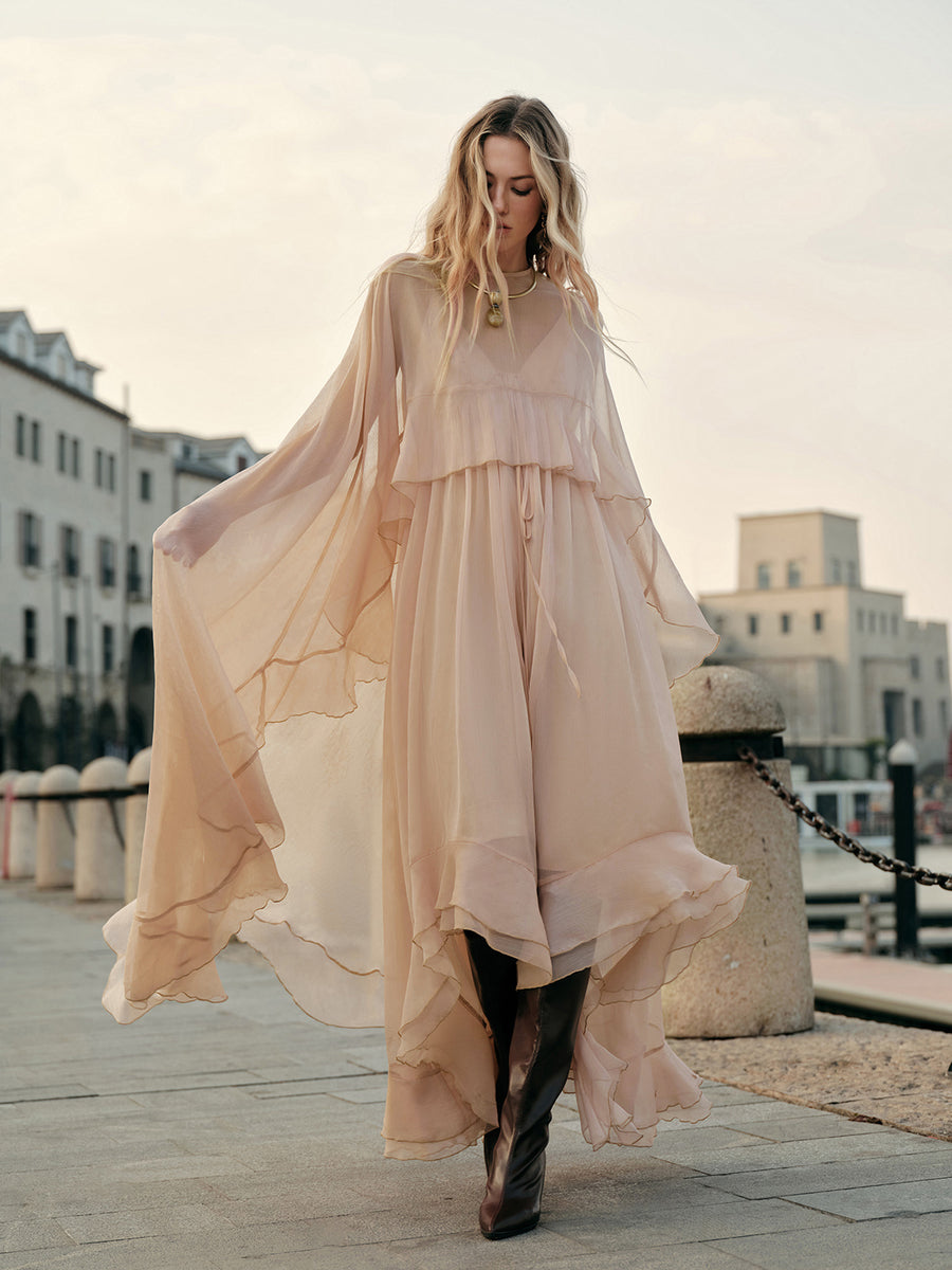 Semi-Sheer Chiffon Layered Dress With Cloak