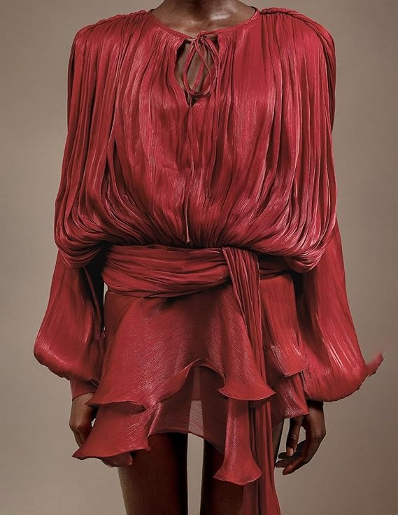 Long Sleeve Hollow Out Lacing Ruffle Tiered Dress - Wine