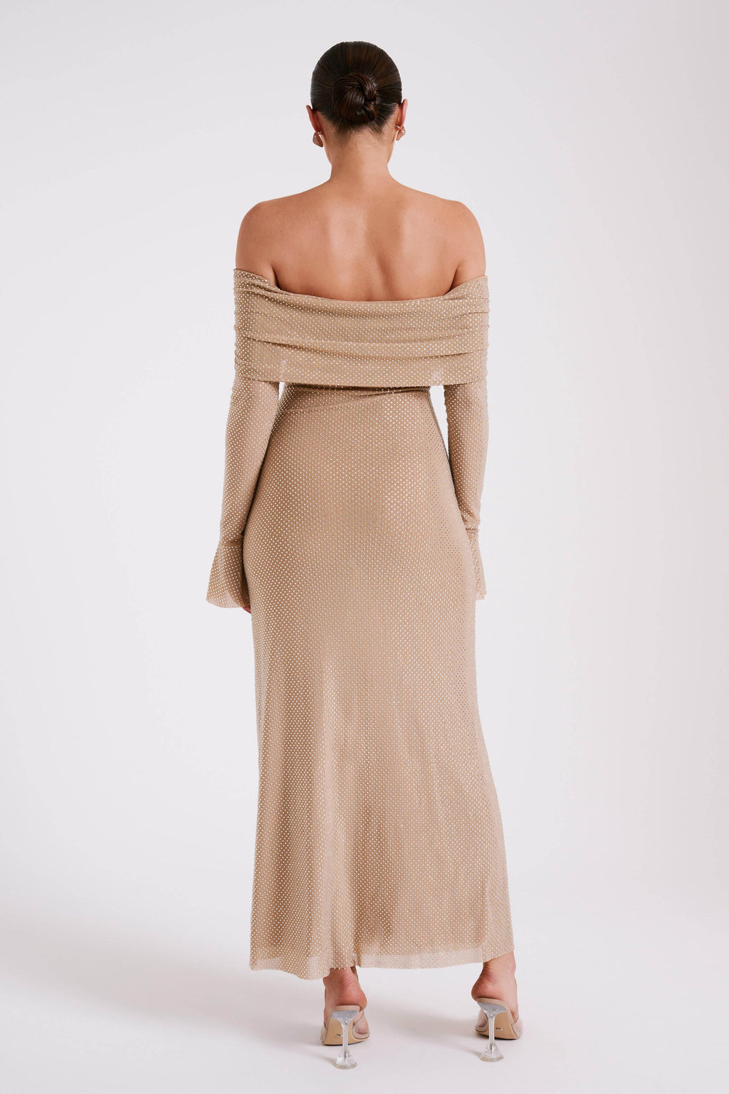 Off Shoulder Diamante Maxi Dress - Nude