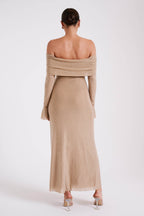 Off Shoulder Diamante Maxi Dress - Nude