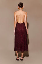 Diamante Halter Midi Dress - Mahogany