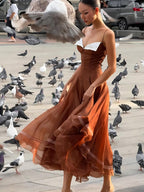 Caramel Chiffon Lace-Trim Midi Dress