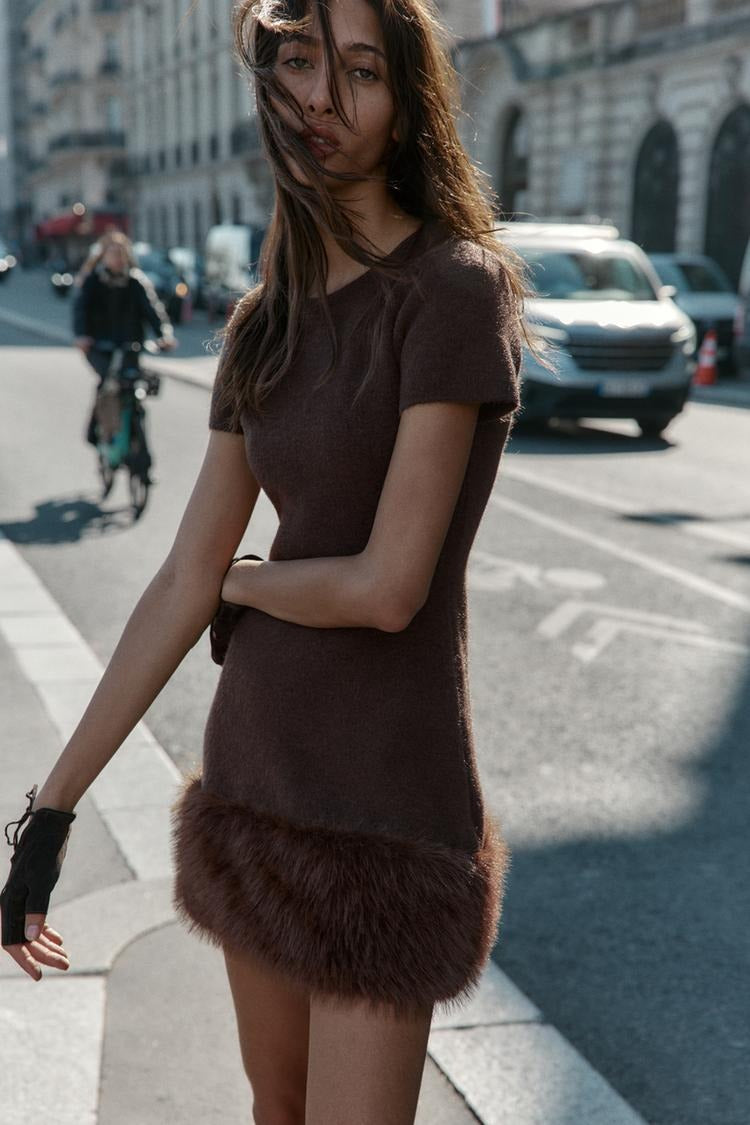 Two-Tone Knit Dress with Faux Fur Effect