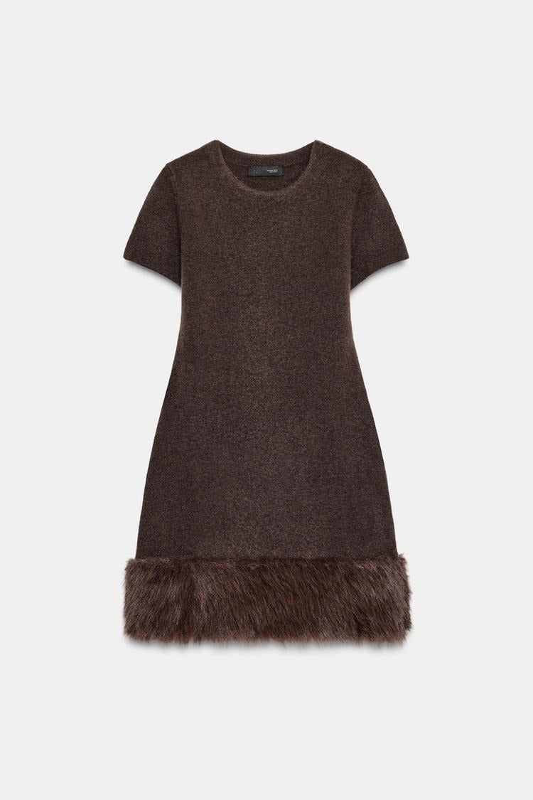 Two-Tone Knit Dress with Faux Fur Effect