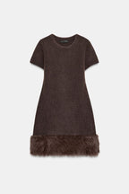 Two-Tone Knit Dress with Faux Fur Effect