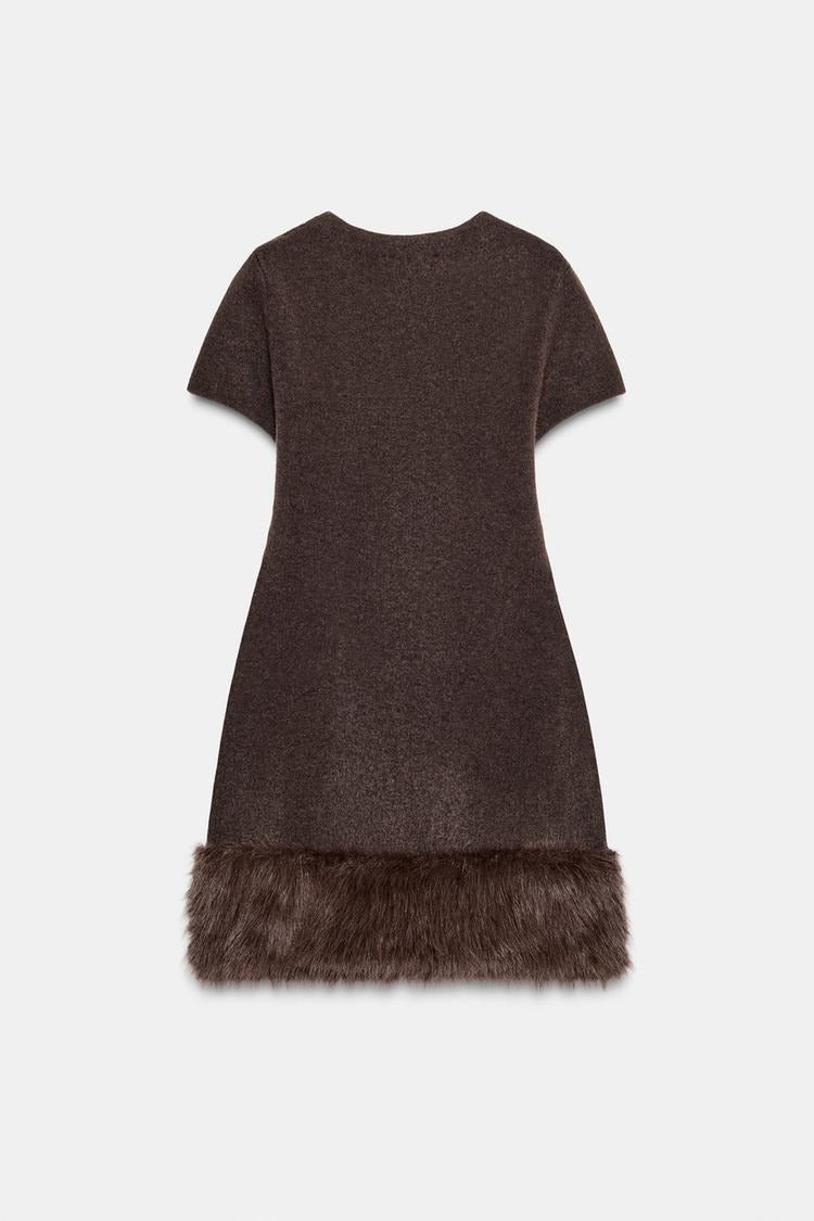 Two-Tone Knit Dress with Faux Fur Effect