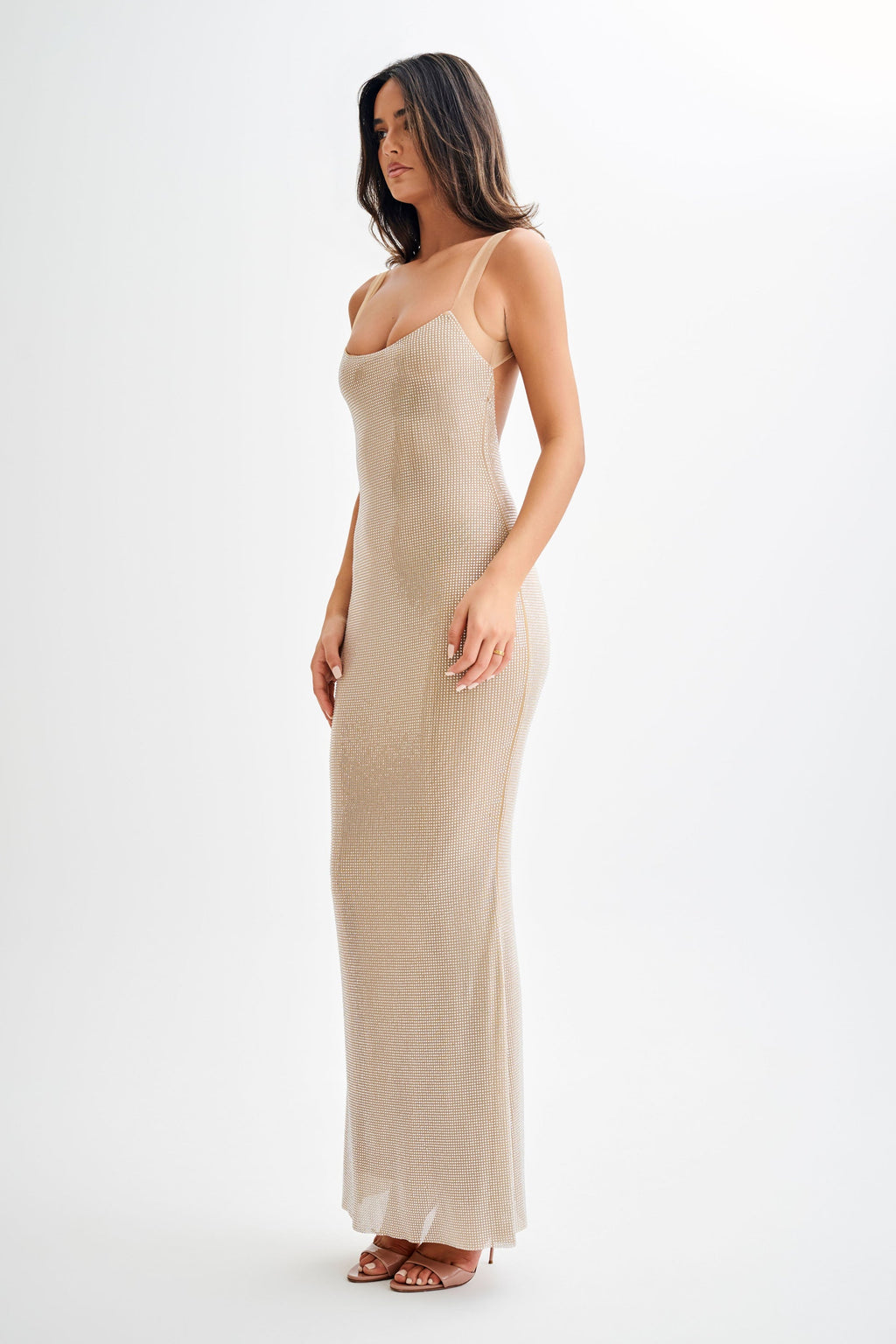 Hot Fix Maxi Dress With Mesh Back - Nude