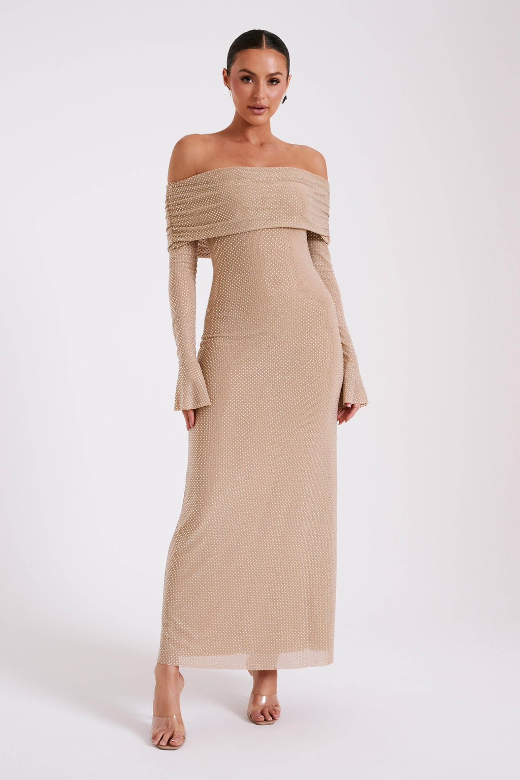 Off Shoulder Diamante Maxi Dress - Nude