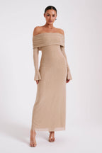 Off Shoulder Diamante Maxi Dress - Nude
