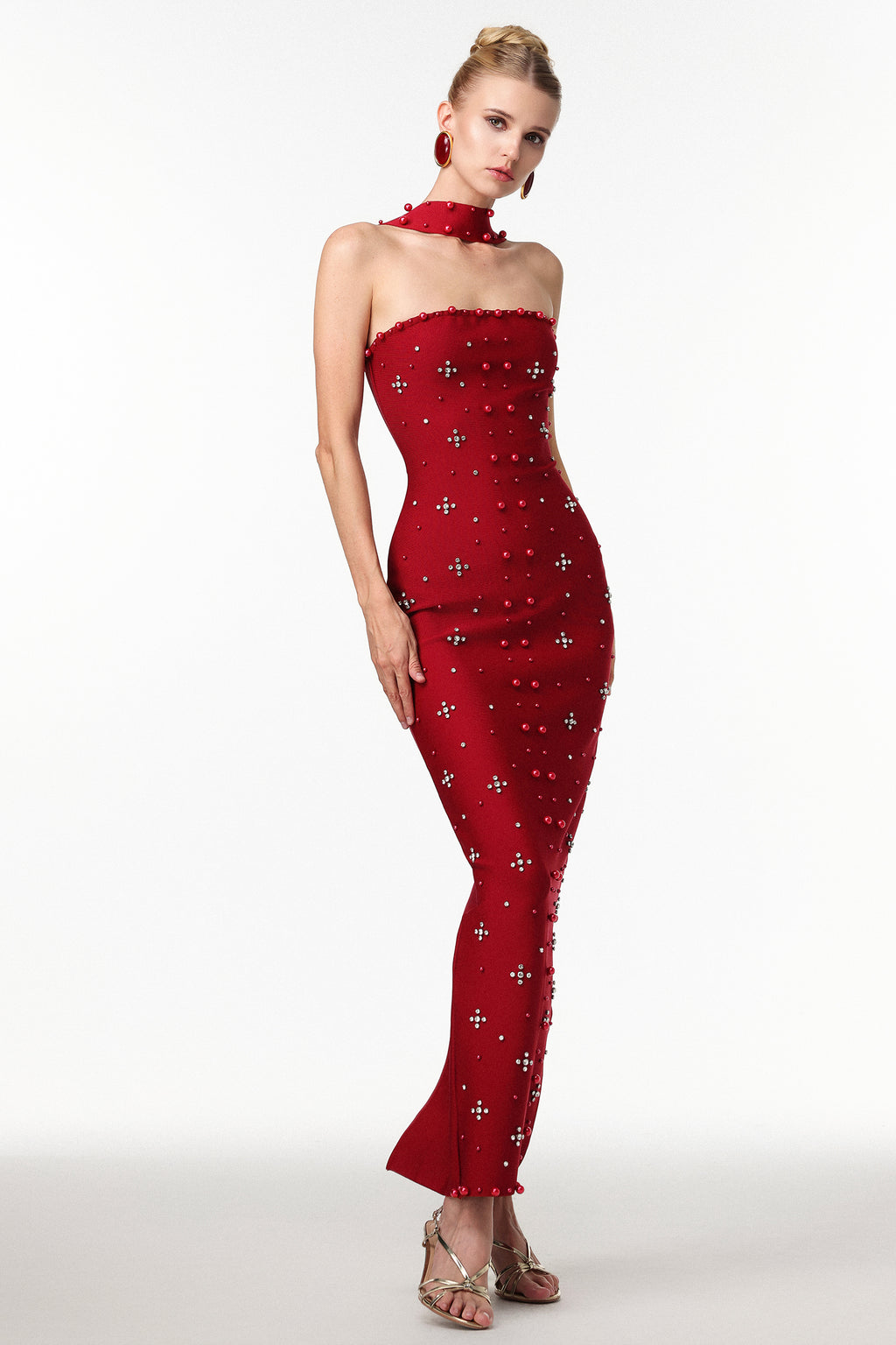 Sleeveless Pearl Wine Bandage Maxi Dress