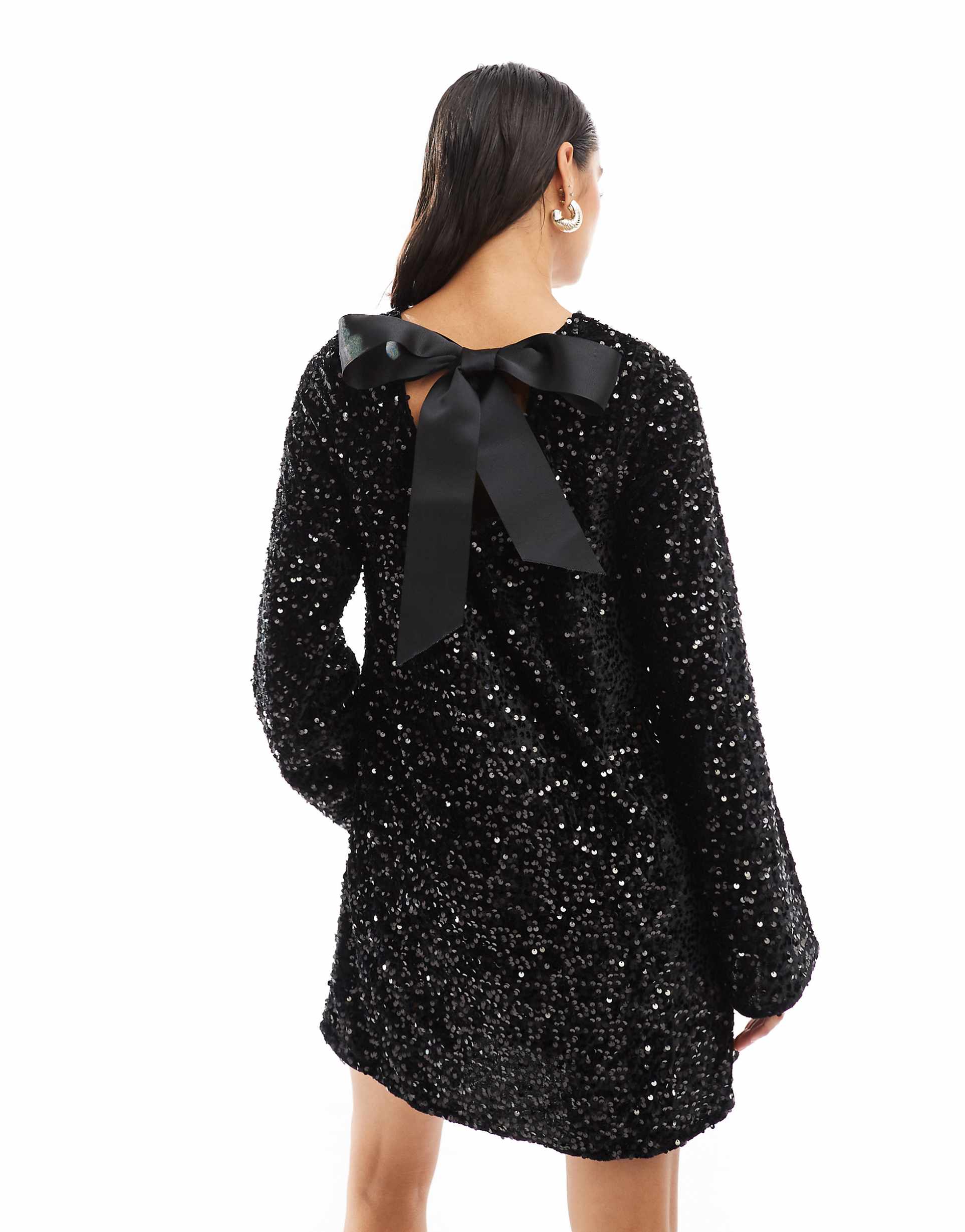 Pieces sequin mini dress with ribbon bow back in black