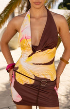 Carrie Brown Floral Cowl Neck Belt Mini Dress