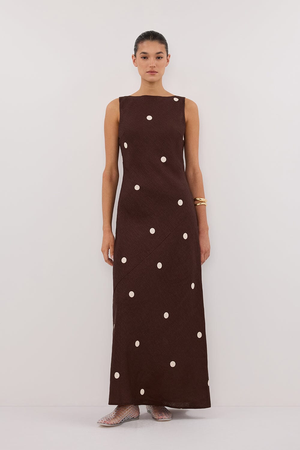 Bitter Choc Spot Linen Midi Dress