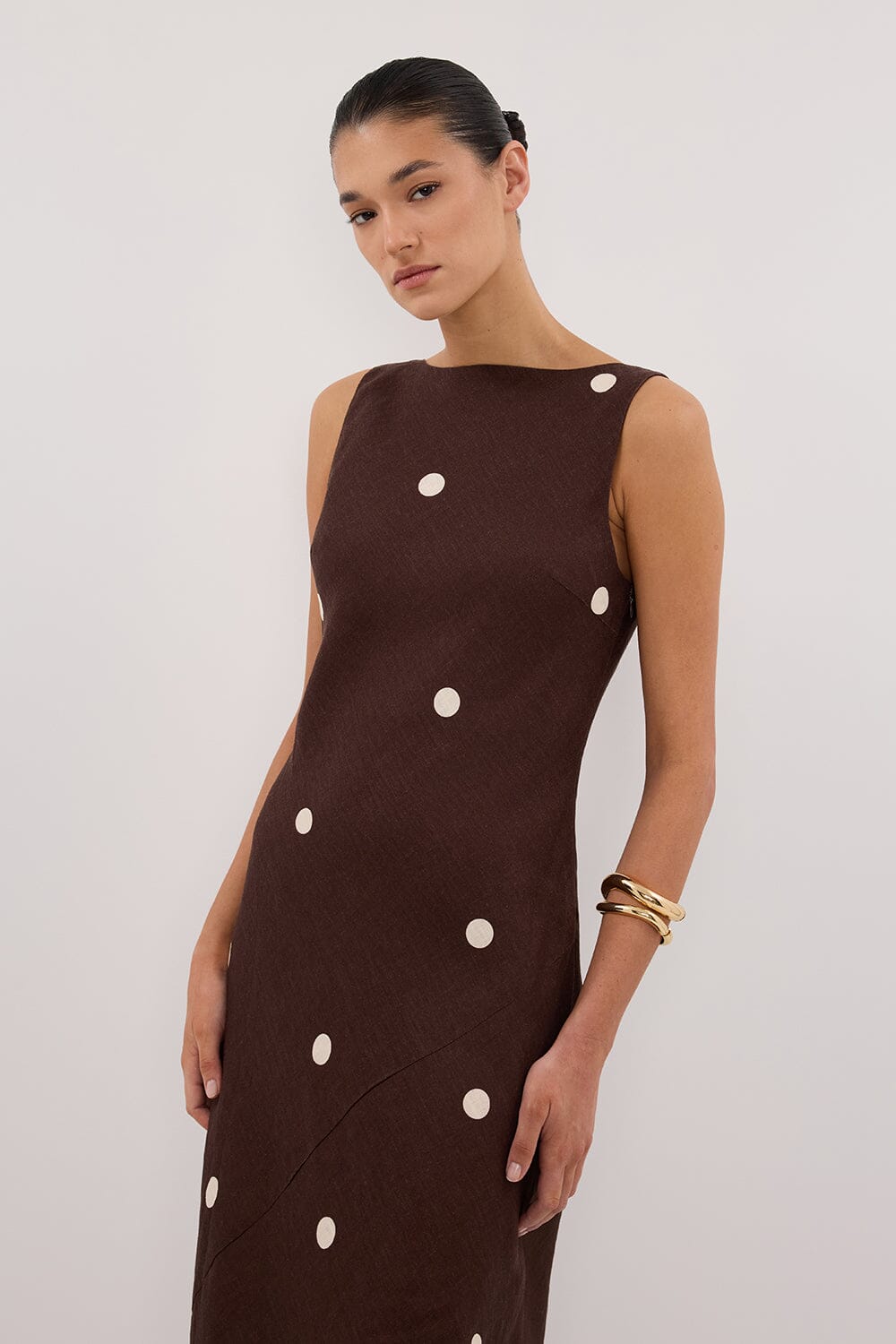 Bitter Choc Spot Linen Midi Dress