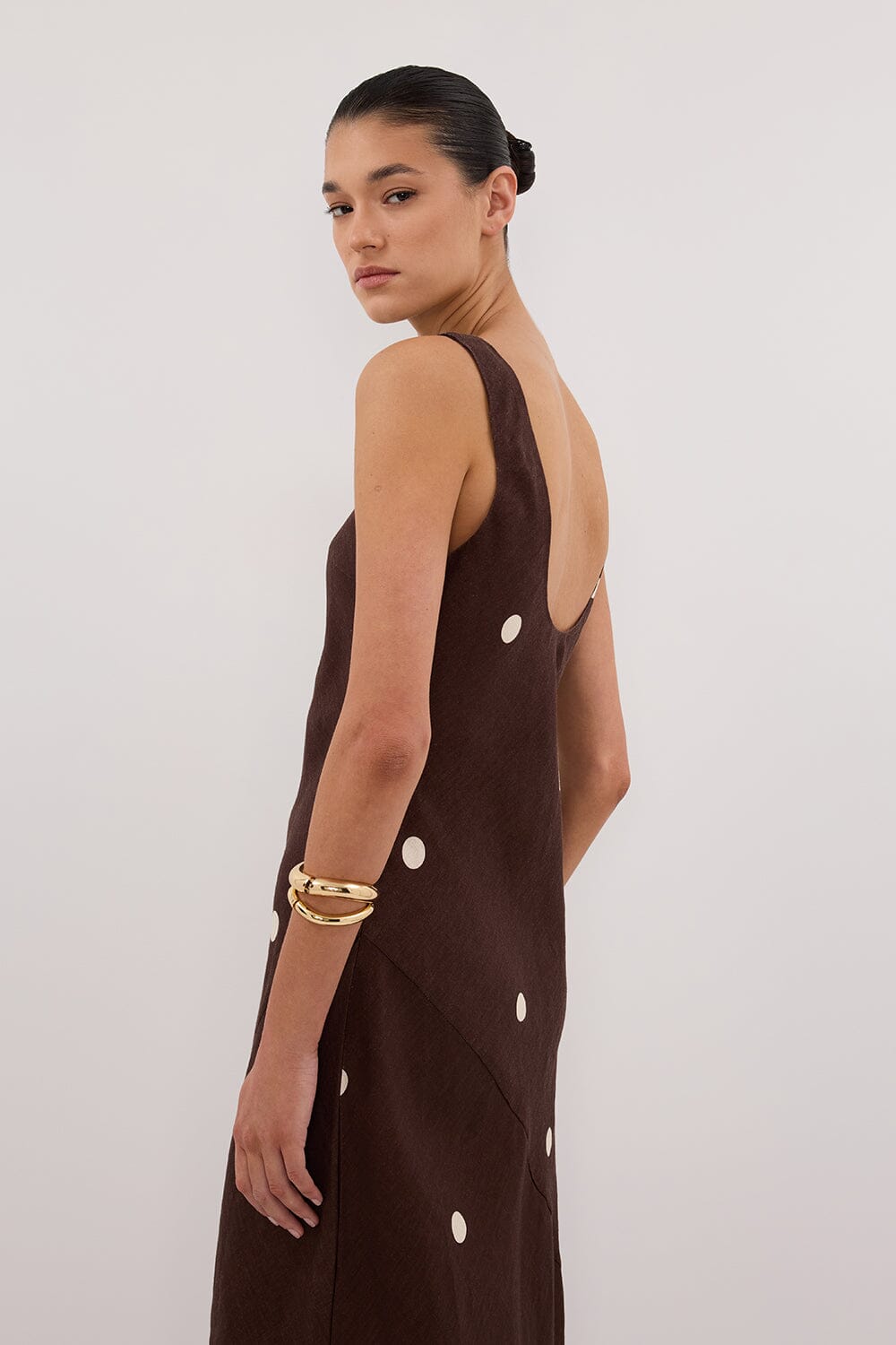 Bitter Choc Spot Linen Midi Dress