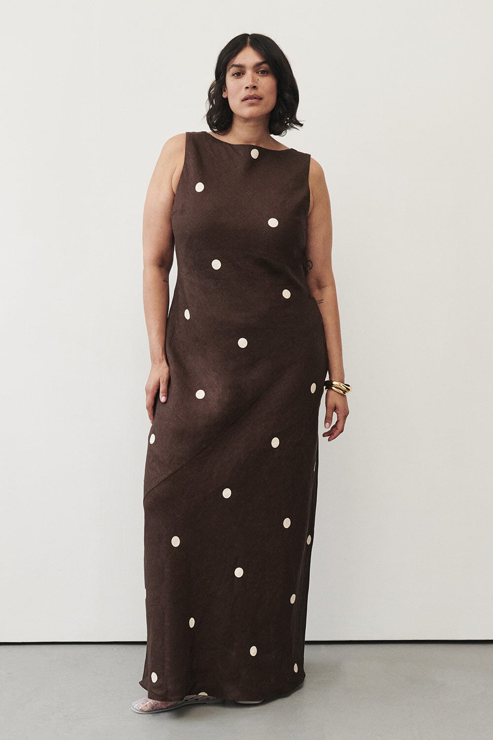 Bitter Choc Spot Linen Midi Dress