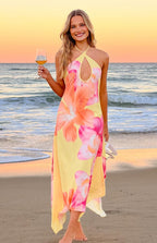 Elowen Yellow Hibiscus Floral Halter Maxi Dress
