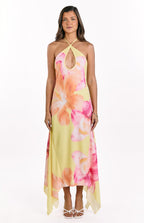 Elowen Yellow Hibiscus Floral Halter Maxi Dress