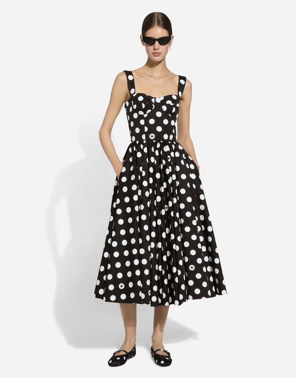 Cotton calf-length corset dress with polka-dot print