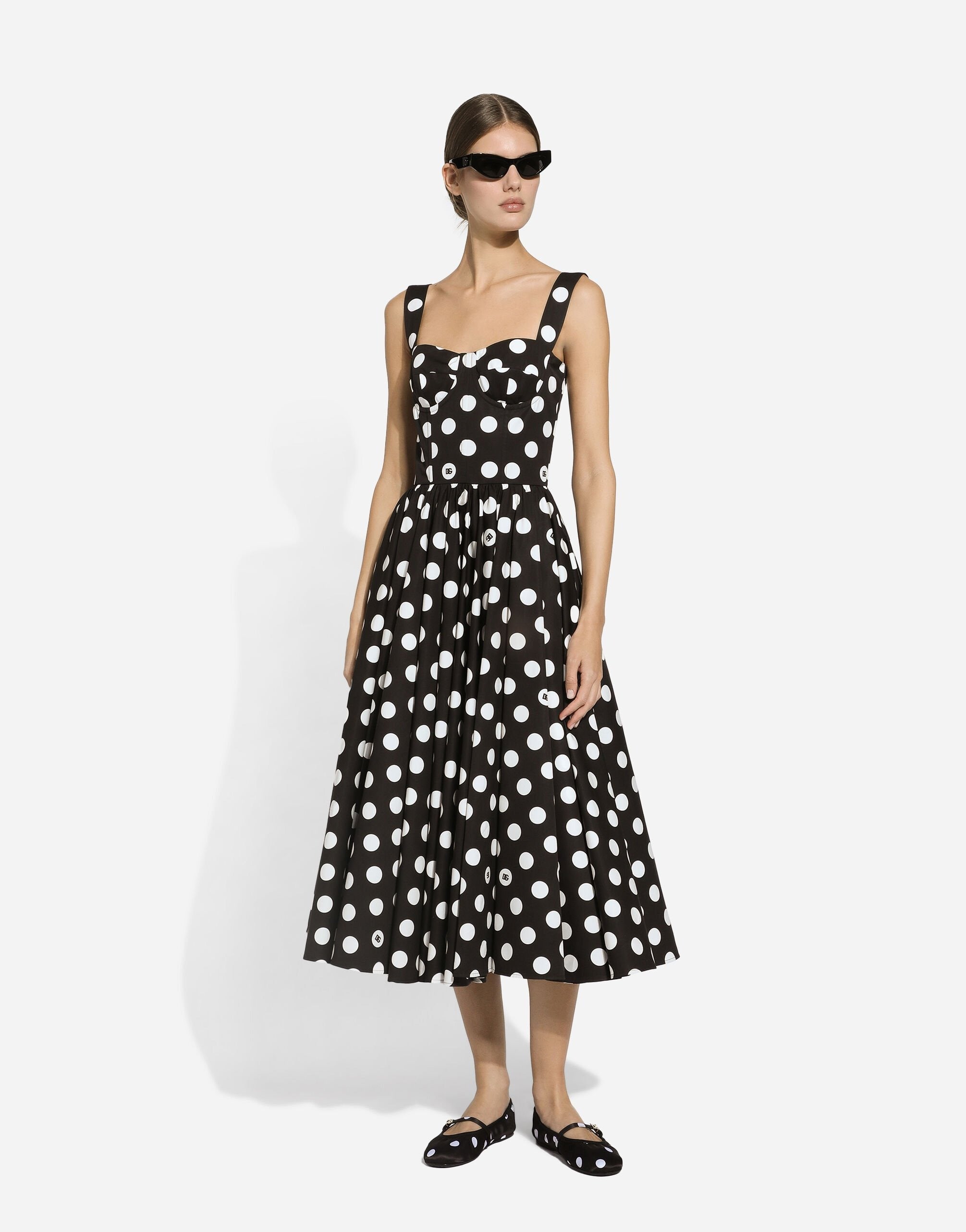 Cotton calf-length corset dress with polka-dot print
