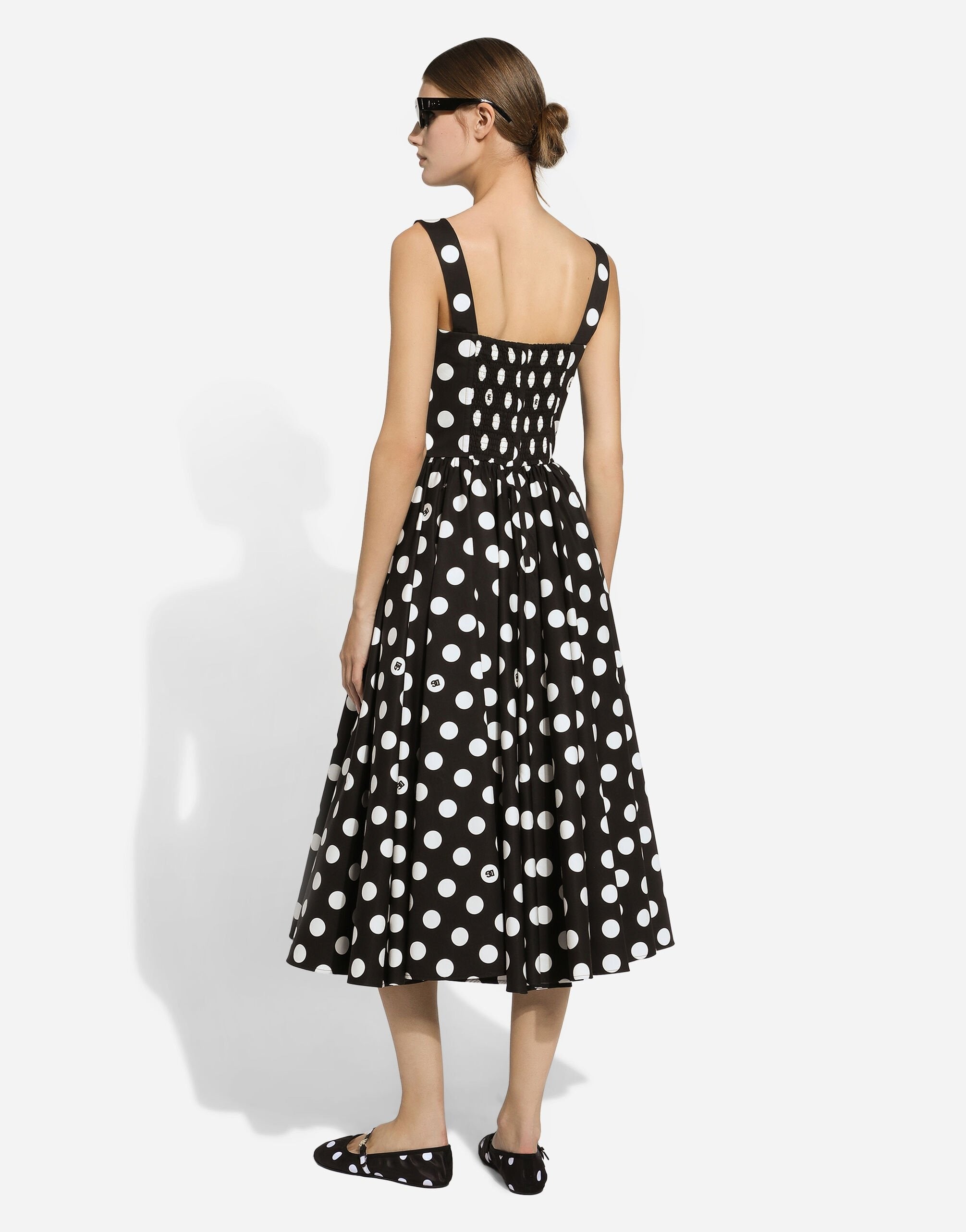 Cotton calf-length corset dress with polka-dot print