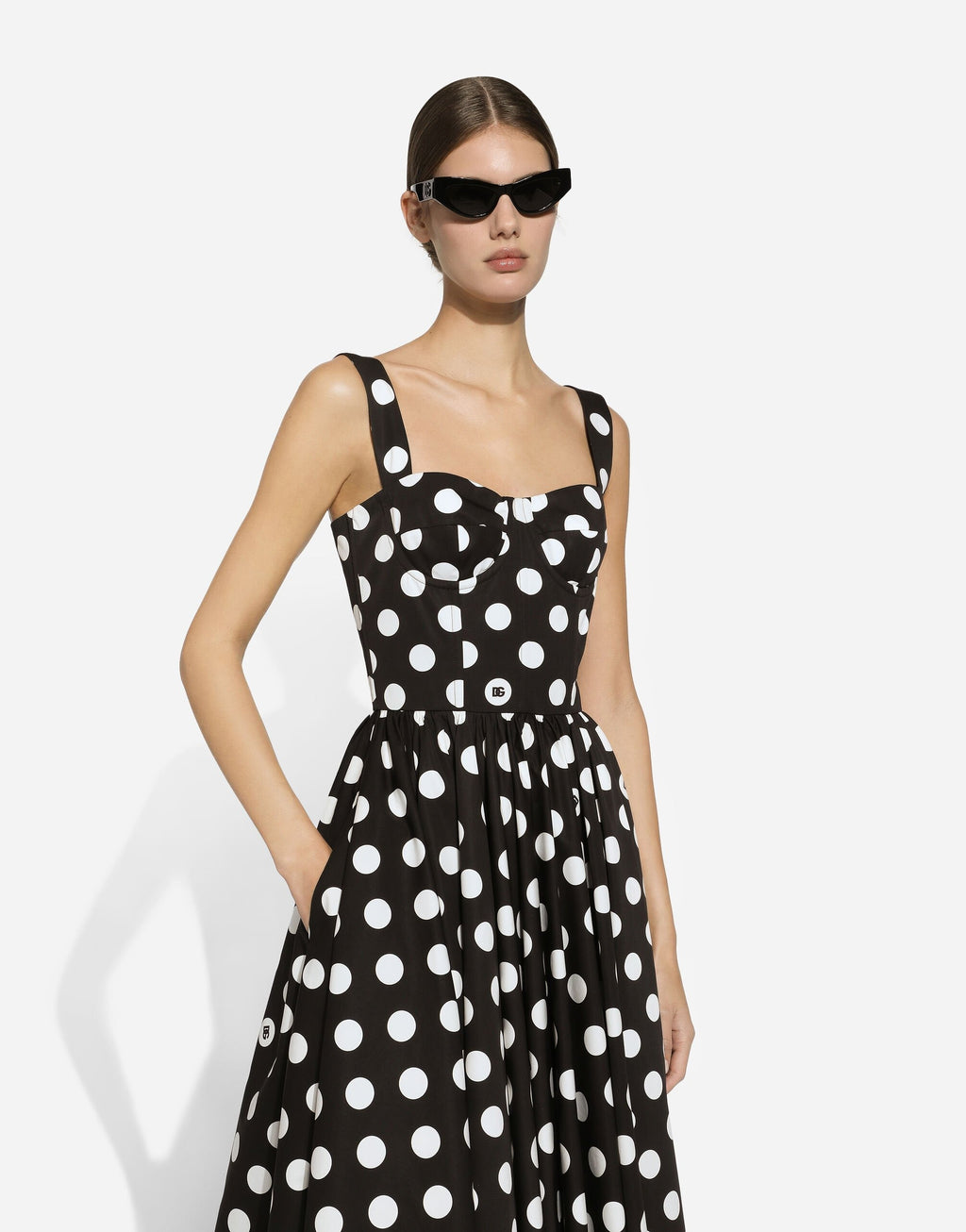 Cotton calf-length corset dress with polka-dot print
