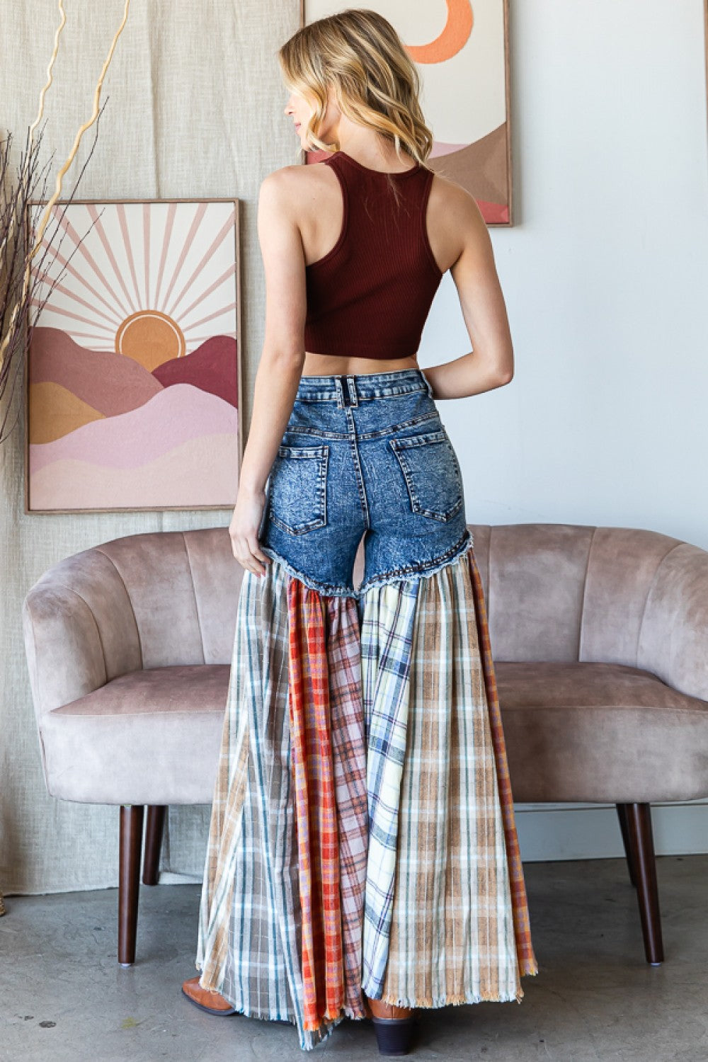 Plaid Patchwork Super Flared Pants
