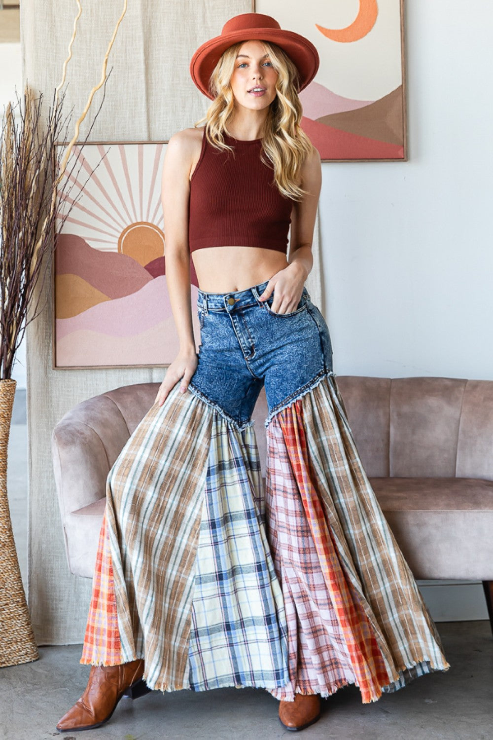 Plaid Patchwork Super Flared Pants
