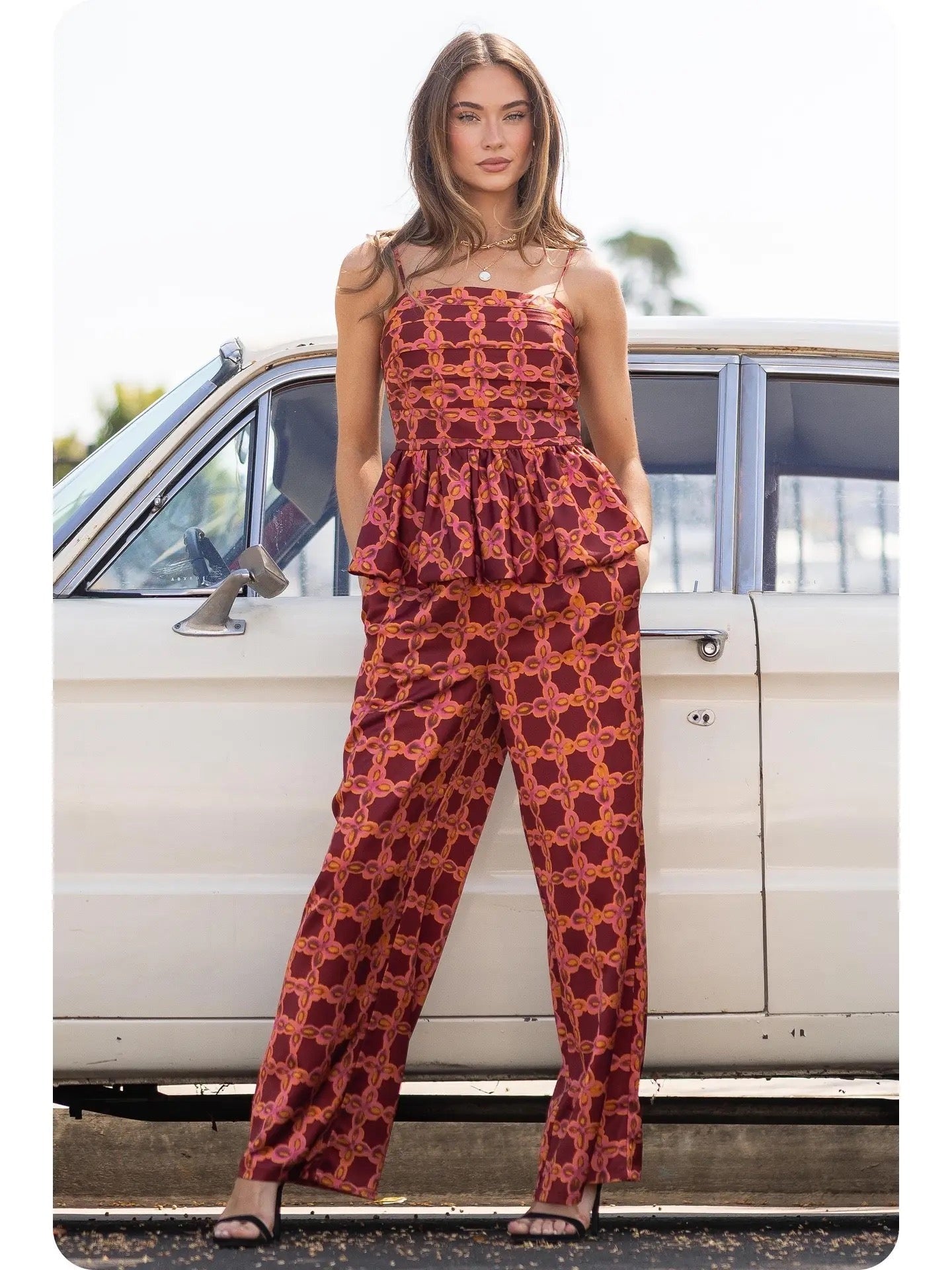 Burgundy Printed Bubble Detail Pleated Top Set