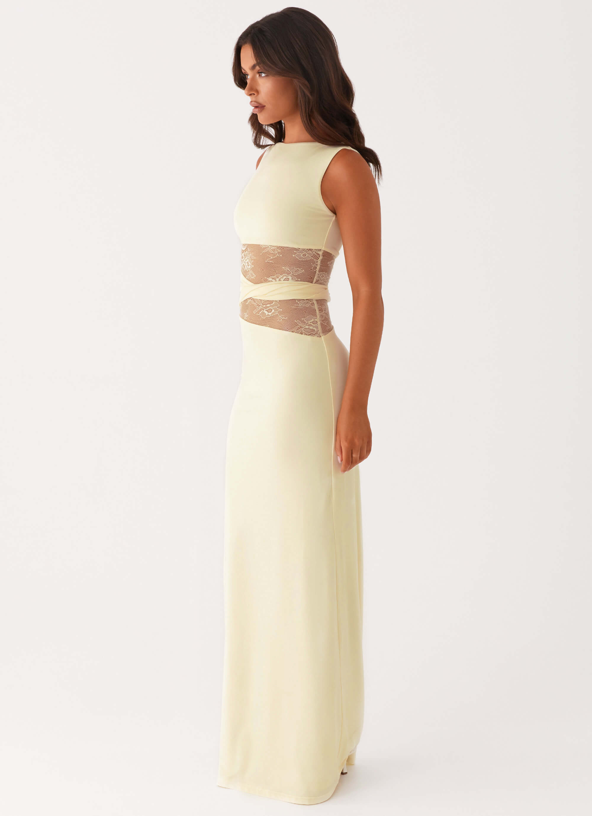 Twist-Belt Lace Cutout Midi Dress - Yellow