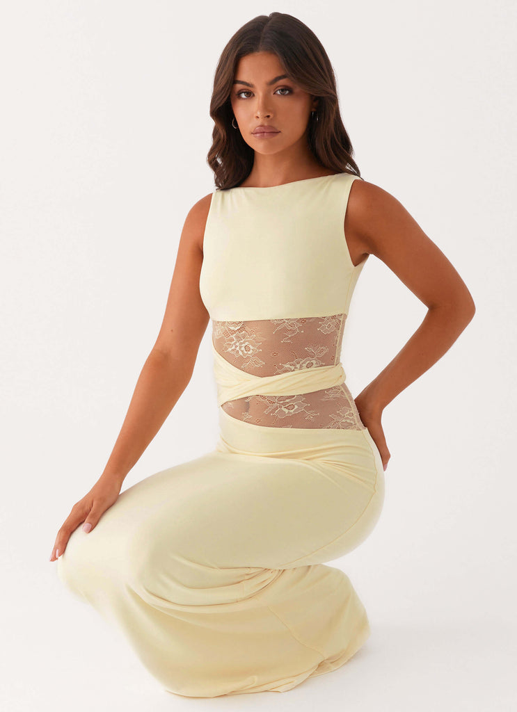 Twist-Belt Lace Cutout Midi Dress - Yellow