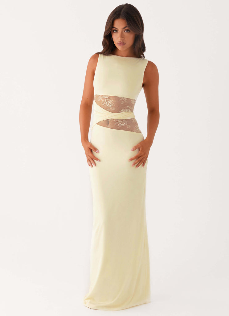 Twist-Belt Lace Cutout Midi Dress - Yellow