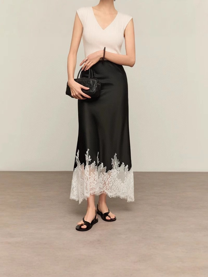 Acetate Embroidered Lace Patchwork Midi Skirt