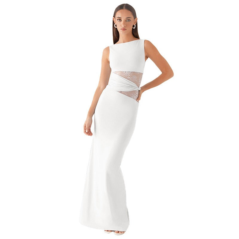 Twist-Belt Lace Cutout Midi Dress