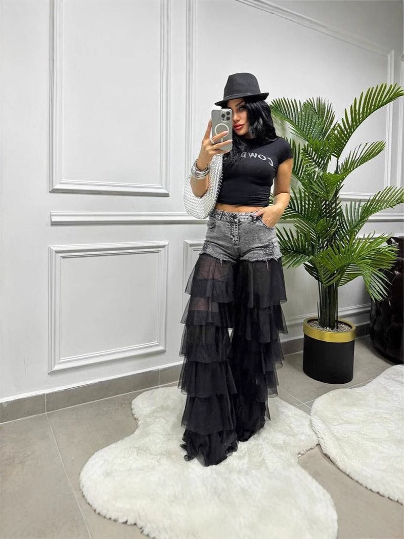 Cake Tulle patchwork denim jeans