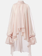 High-Neck Long Tie Batwing Sleeve Asymmetrical Top with Wrist Loop Design