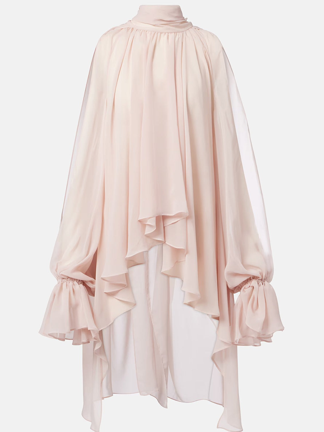 High-Neck Long Tie Batwing Sleeve Asymmetrical Top with Wrist Loop Design