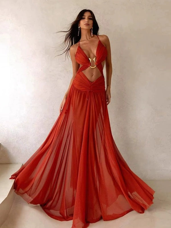 Hollow-Out Metal Detail Spaghetti Strap Maxi Dress