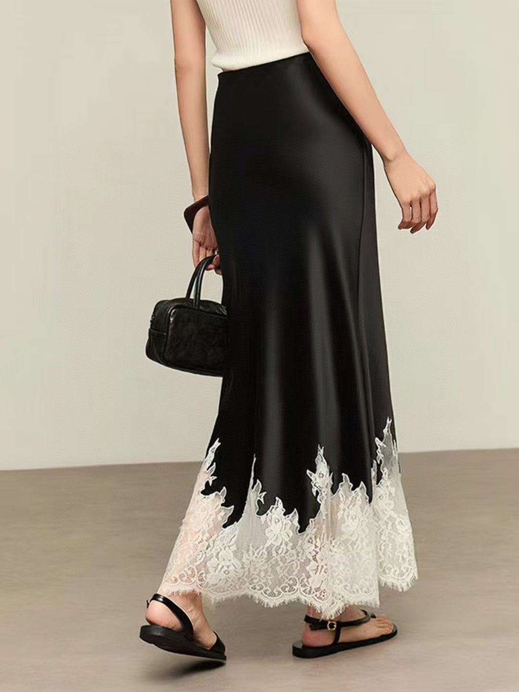 Acetate Embroidered Lace Patchwork Midi Skirt