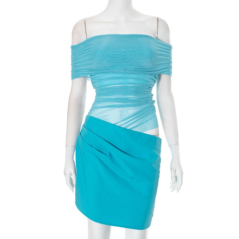 Off-Shoulder See-Through Spliced Dress