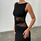 Twist-Belt Lace Cutout Midi Dress