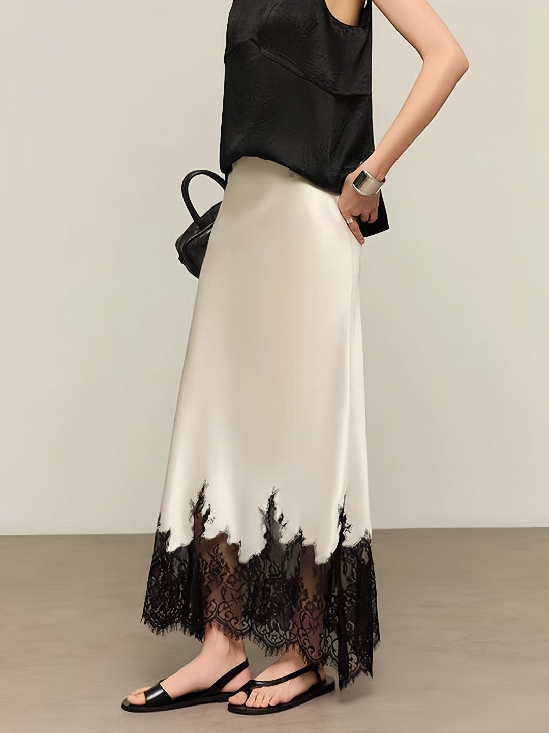Acetate Embroidered Lace Patchwork Midi Skirt