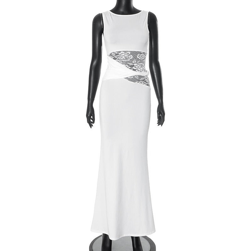 Twist-Belt Lace Cutout Midi Dress