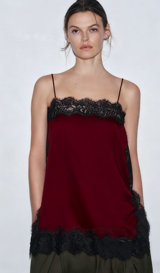 Satin Effect Lace Top - Black / Burgundy