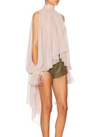 High-Neck Long Tie Batwing Sleeve Asymmetrical Top with Wrist Loop Design