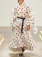 Scarf Collar Ruffle Blouse + Long Midi Skirt Set