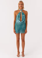 Oceans Away Deep Cowl Mini Dress - Green Tie Dye