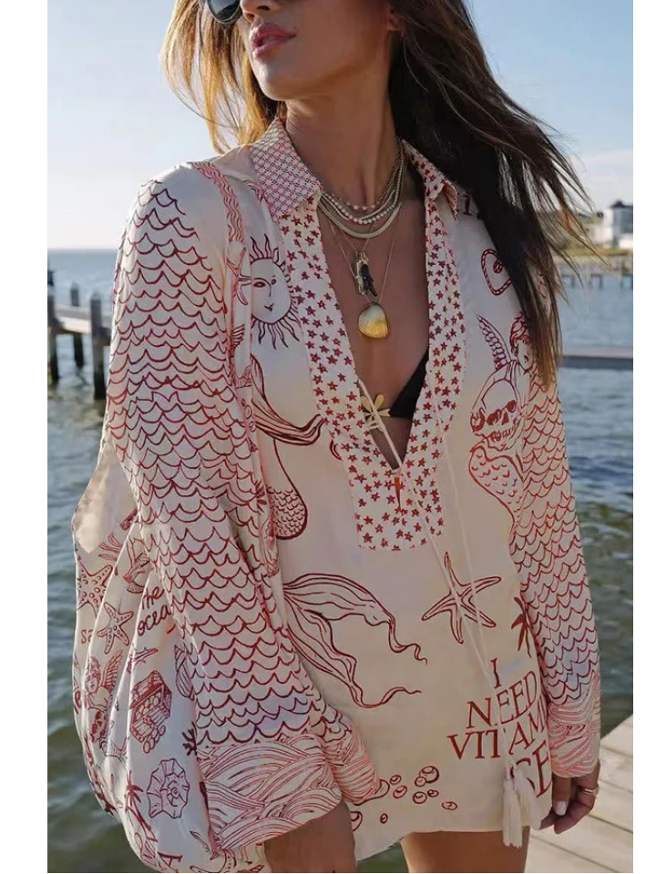 Satin Unique Print Tassle Shirt and Elastic Waist Shorts Set